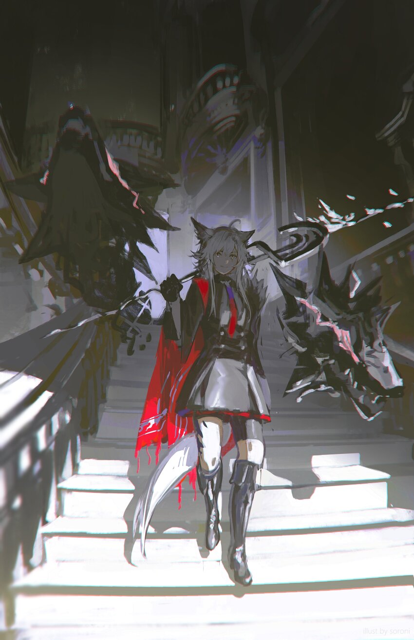 1girl absurdres aiguillette animal_ear_fluff animal_ears arknights black_jacket black_skirt blue_necktie bolo_tie cape gradient_necktie grey_tail high-waist_skirt highres holding holding_sword holding_weapon indoors jacket lappland_(arknights) lappland_the_decadenza_(arknights) material_growth necktie oripathy_lesion_(arknights) red_cape red_necktie scar scar_across_eye scar_on_face single_shoulder_pad skirt sorrowny stairs sword two-sided_cape two-sided_fabric two-tone_necktie weapon wolf wolf_ears wolf_girl
