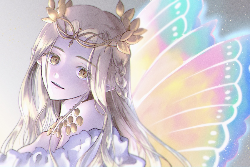 1girl absurdres anyuendo aurora_(fate) avalon_le_fae_(fate/grand_order) blonde_hair braid commentary_request dress fairy fairy_wings fate/grand_order fate_(series) hair_ornament head_tilt highres jewelry long_hair looking_back necklace off_shoulder pointy_ears smile solo white_dress wings yellow_eyes