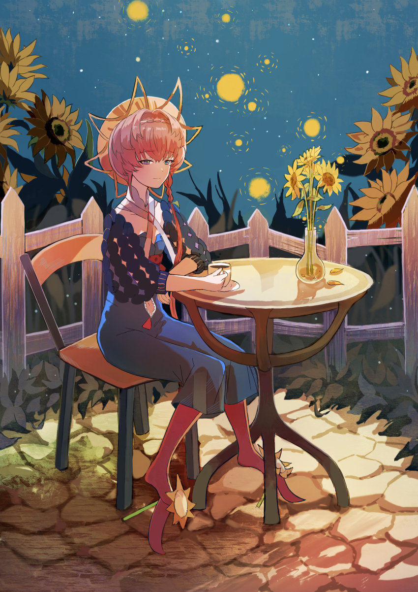 1girl absurdres belt black_sleeves blue_eyes blue_overalls braid brown_hair chair clothing_cutout crown_braid cup expressionless fate/grand_order fate_(series) fence field flat_chest floral_print flower flower_field highres holding holding_cup leggings navel navel_cutout orange_headwear overalls puffy_short_sleeves puffy_sleeves red_leggings short_sleeves side_braid sitting solo striped_clothes striped_headwear sunflower sunflower_field sunflower_petals sunflower_print table van_gogh_(fate) van_gogh_(first_ascension)_(fate) vega00211 vincent_van_gogh_(style) zipper_pull_tab