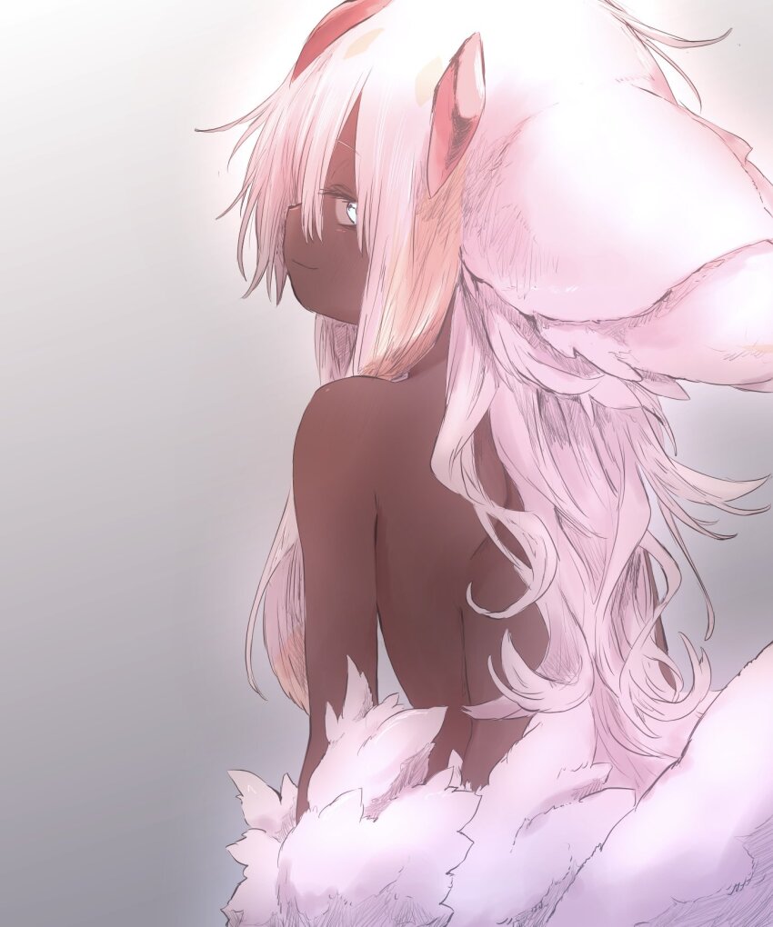 1girl back blue_eyes body_fur closed_mouth dark-skinned_female dark_skin faputa from_behind grey_background highres long_hair looking_at_viewer looking_back made_in_abyss marudoll monster_girl pink_hair simple_background smile solo white_fur