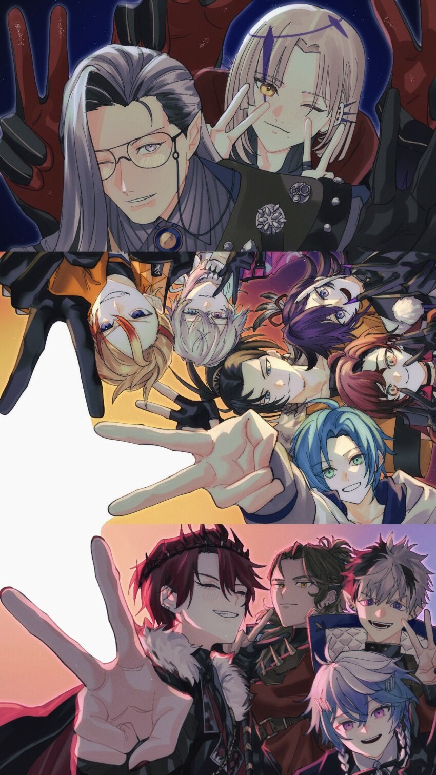 6+boys axel_syrios_(1st_costume) banzoin_hakka banzoin_hakka_(1st_costume) black_gloves black_jacket blonde_hair blue_eyes blue_hair blush brown_hair cape closed_eyes crimzon_ruze ear_piercing eyewear_strap fingerless_gloves fur-trimmed_cape fur_trim gavis_bettel gavis_bettel_(1st_costume) glasses gloves goldbullet green_eyes grey_hair grin hair_ornament hairclip heterochromia highres holostars holostars_english jacket josuiji_shinri jurard_t_rexford long_hair machina_x_flayon machina_x_flayon_(1st_costume) magni_dezmond male_focus mole mole_under_mouth momiage_40 multicolored_hair multiple_boys noir_vesper noir_vesper_(1st_costume) octavio piercing pink_eyes purple_eyes purple_hair red_hair regis_altare smile streaked_hair teeth v virtual_youtuber yellow_eyes