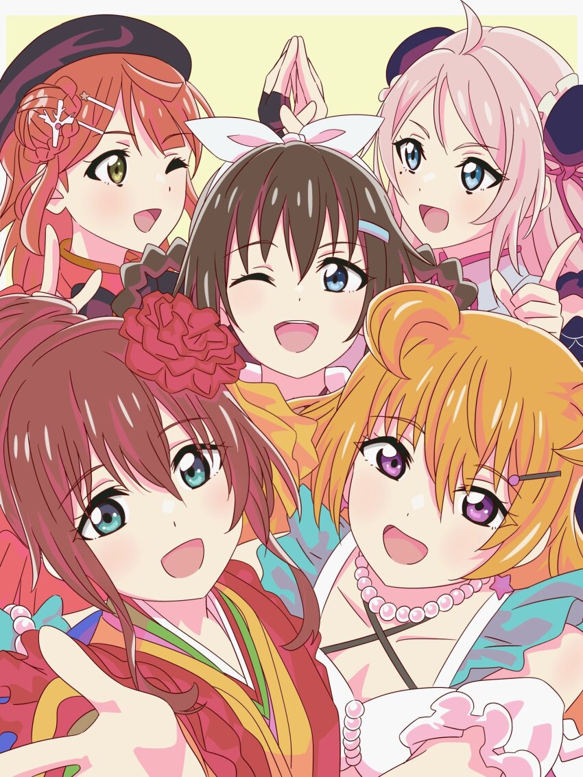 5girls ahoge bandeau beret black_hat blue_eyes blunt_bangs border bow_hairband braid braided_hair_rings breasts brown_hair bun_cover bun_with_braided_base cara_tesoro cleavage collarbone commentary_request daydream_mermaid double_bun emma_verde green_eyes hair_between_eyes hair_bun hair_horns hair_ornament hair_rings hairband hairclip hat highres japanese_clothes kimono konoe_kanata long_hair love_live! love_live!_nijigasaki_high_school_idol_club love_live!_nijigasaki_high_school_idol_club_the_movie_-_finale mandarin_collar medium_hair multiple_girls myrain56991013 official_alternate_costume orange_hair osaka_shizuku outside_border parted_bangs phoenix_(love_live!) pink_hair pink_shirt purple_eyes rise_up_high!_(love_live!) shirt short_hair sidelocks simple_background single_hair_bun single_side_bun stellar_stream_(love_live!) swept_bangs uehara_ayumu upper_body white_bandeau white_border white_hairband yellow_background yellow_kimono zhong_lanzhu