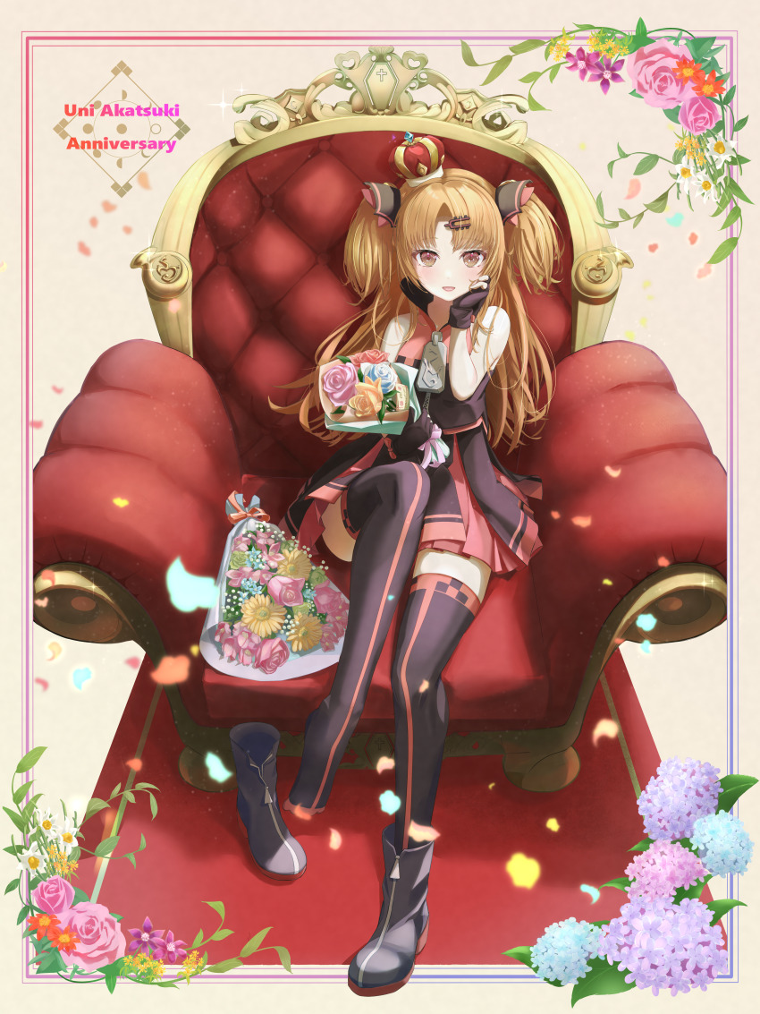 1girl absurdres akatsuki_uni ankle_boots anniversary arched_crown armchair bare_arms black_boots black_dress black_gloves black_jacket black_thighhighs blonde_hair boots bouquet bow brown_eyes chair commentary_request convenient_leg crown dress falling_petals fingerless_gloves floral_border flower glove_bow gloves hair_ornament hairpin hand_on_own_cheek hand_on_own_face high_collar highres holding holding_bouquet inset_border jacket leg_up light_blush long_hair looking_at_viewer mini_crown mizu_kiseru on_chair open_mouth oversized_zipper parted_bangs petals pink_bow pink_dress pink_jacket pink_thighhighs pleated_dress red_carpet revision short_dress single_boot sleeveless sleeveless_dress sleeveless_jacket smile solo sparkle thighhighs throne two_side_up uni_create unworn_boots virtual_youtuber yellow_background zettai_ryouiki zipper zipper_footwear