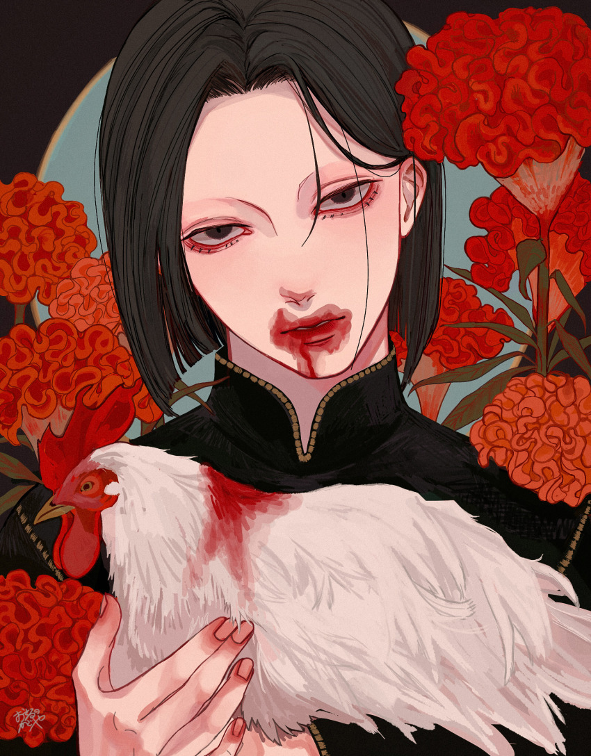 1boy animal bird bishounen bite_mark black_shirt blood blood_on_face bob_cut brown_eyes brown_hair chicken cockscomb_(flower) fingernails flower head_tilt high_collar highres holding holding_animal holding_bird injury kagoya1219 long_sleeves looking_at_viewer name_connection object_namesake original parted_lips red_flower rooster sanpaku shirt short_hair signature solo straight_hair upper_body white_bird
