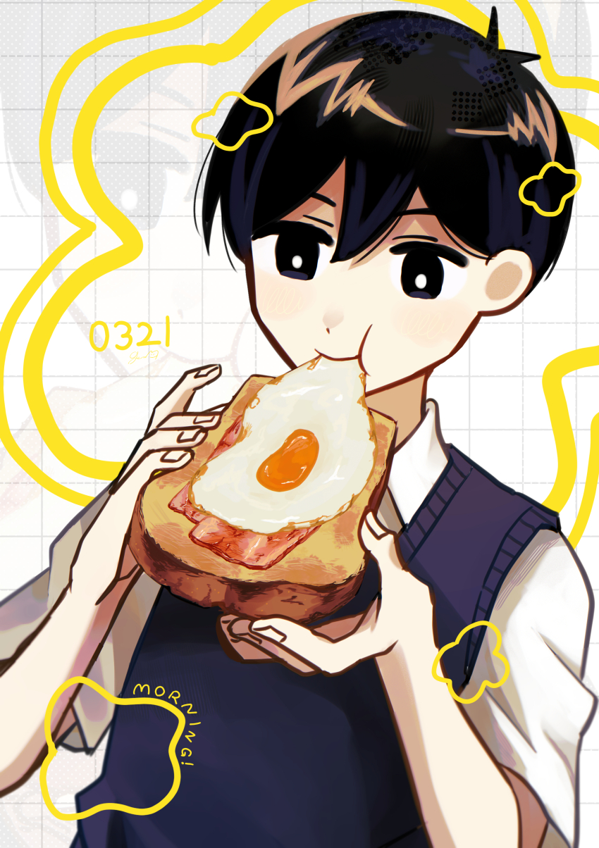 1boy absurdres antenna_hair black_sweater_vest bread bread_slice bright_pupils closed_mouth collared_shirt dated eating food fried_egg fried_egg_on_toast genk1zam4s highres holding holding_food male_focus omori shirt short_hair short_sleeves solo sunny_(omori) sweater_vest toast upper_body white_pupils white_shirt zoom_layer