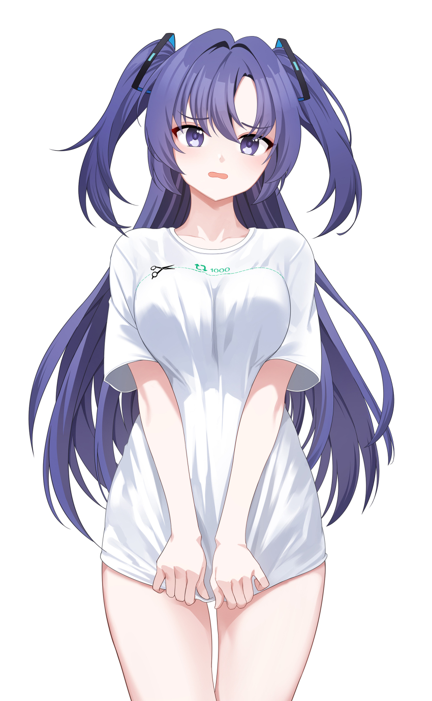1girl absurdres alternate_costume blue_archive blue_eyes blue_hair blush breasts commentary cowboy_shot cut-here_line dopamine70 hair_intakes hair_ornament highres long_hair looking_at_viewer medium_breasts no_panties open_mouth shirt shirt_tug short_sleeves simple_background solo thighs triangle_hair_ornament twitter_cutting_game two_side_up white_background white_shirt yuuka_(blue_archive)