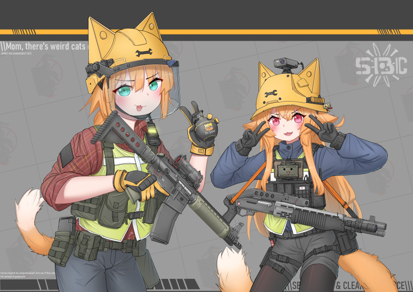 2girls absurdres animal_ears animal_ears_helmet animal_helmet assault_rifle black_gloves black_pantyhose blush camera cat_ears cat_girl cat_tail commentary cowboy_shot english_commentary english_text explosive gloves green_eyes grenade grey_shorts gun hair_between_eyes highres holding holding_grenade holding_gun holding_weapon load_bearing_vest long_sleeves looking_at_viewer magazine_(weapon) multiple_girls open_mouth orange_hair original pants pantyhose pouch red_eyes rifle scope shirt short_sleeves shorts shotgun smile srtdrawart tail v weapon