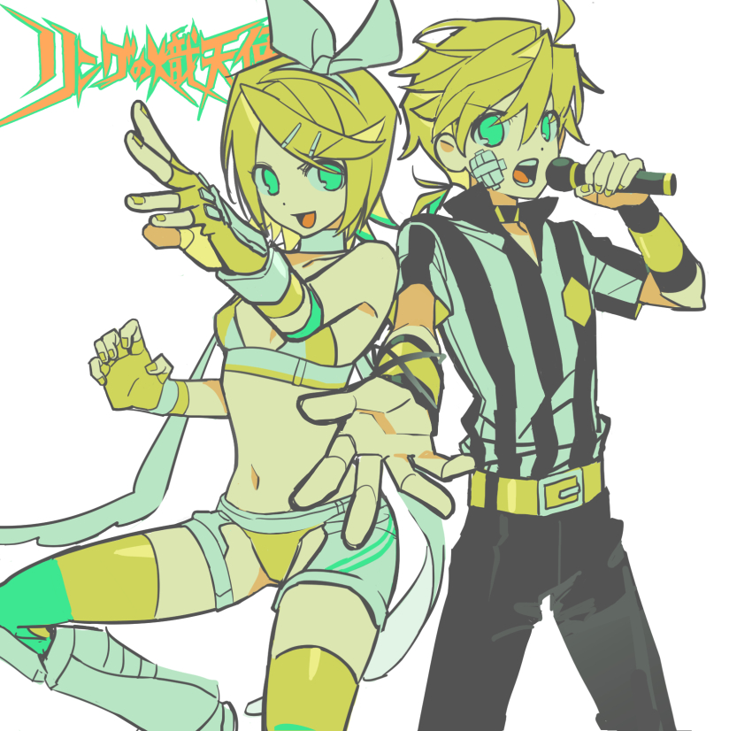 1boy 1girl b_cm2 bandaid bandaid_on_face bare_shoulders belt bikini black_pants blonde_hair boots bow choker clothing_cutout cowboy_shot crotch_cutout crotchless_shorts elbow_pads fighting_stance fingerless_gloves foreshortening gloves green_eyes hair_bow hair_ornament hairclip highres holding holding_microphone kagamine_len kagamine_rin knee_boots knee_pads microphone midriff navel no_shirt open_mouth outstretched_arm outstretched_hand pants ponytail popped_collar referee revealing_clothes ring_no_seraph_(vocaloid) scarf shirt short_hair short_ponytail shorts sideways_glance smile standing standing_on_one_leg stomach striped_clothes striped_shirt swimsuit thighhighs two-tone_legwear vertical-striped_clothes vertical-striped_shirt vocaloid white_choker white_scarf white_shorts wrestling wrestling_outfit yellow_belt yellow_bikini yellow_gloves yellow_nails yellow_thighhighs