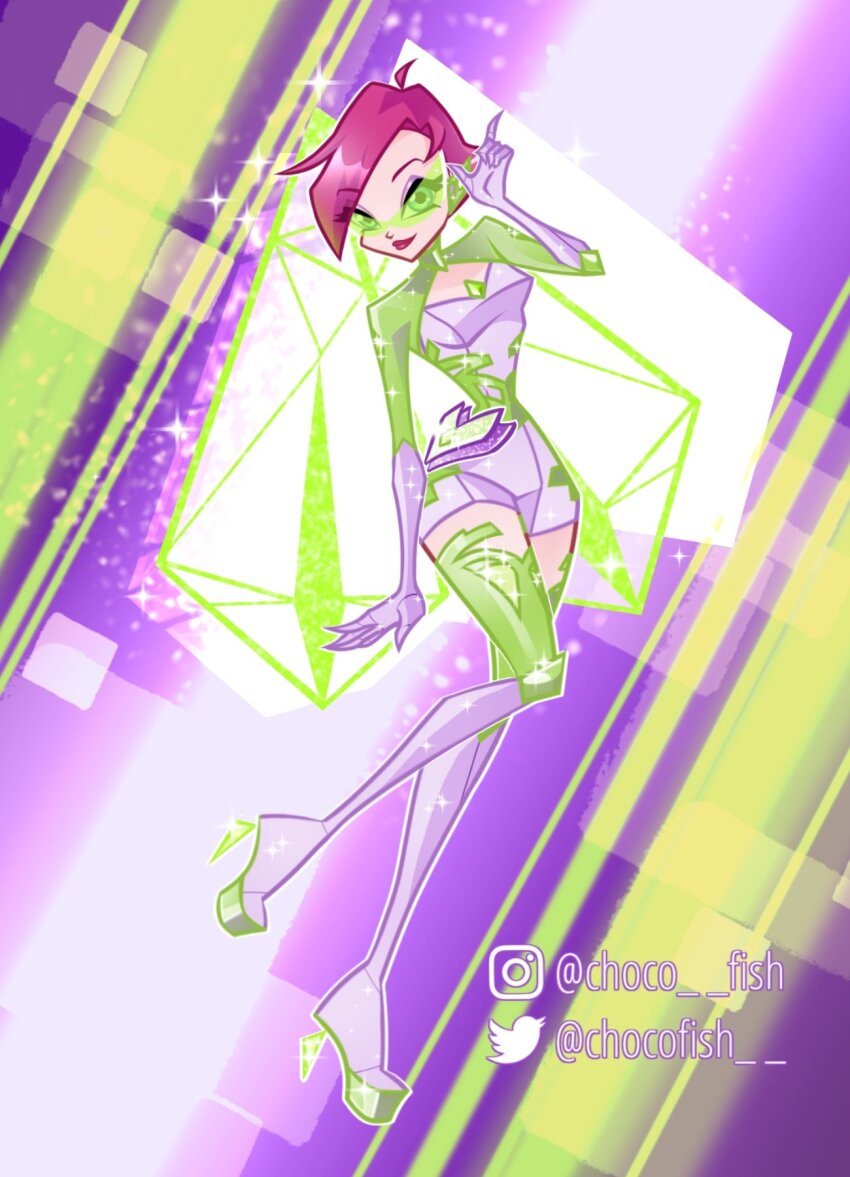 1girl alternate_costume asymmetrical_bangs bad_id bad_twitter_id blue_eyes boots chest_jewel chocofish closed_mouth commentary corset elbow_gloves eyelashes eyeshadow fairy full_body gem glitter gloves goggles green-tinted_eyewear green_corset green_gemstone green_shorts green_shrug green_theme green_wings happy heart-shaped_bag high_heel_boots high_heels highres instagram_username knee_boots light_particles lipstick long_sleeves looking_at_viewer magical_girl makeup outline pink_hair pointing pointing_up purple_background purple_bag purple_boots purple_eyeshadow purple_gloves purple_shirt red_lips shirt short_hair shorts smile solo sparkle stiletto_heels strapless strapless_shirt tecna_(winx_club) tinted_eyewear triangular_eyewear twitter_username two-tone_bag waist_bag watermark white_bag white_outline wings winx_club