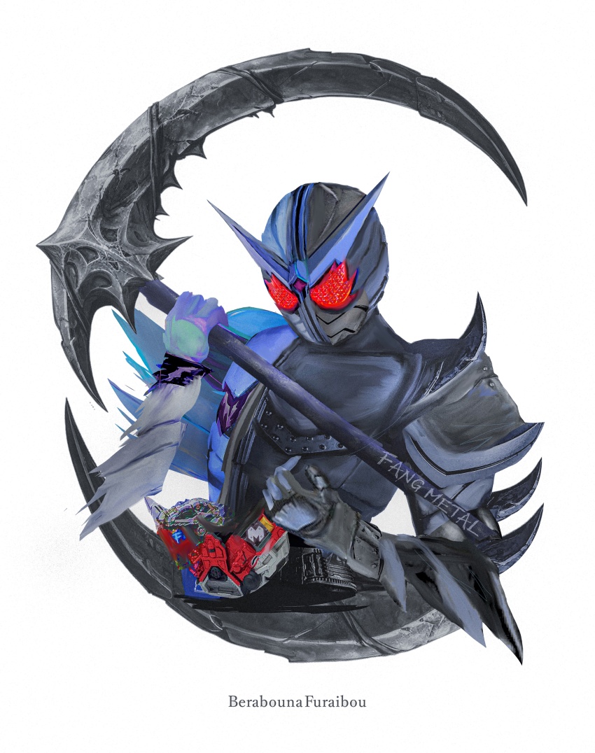 1boy absurdres armor black_armor character_name double_driver fang_memory fuuto_tantei highres holding holding_scythe kamen_rider kamen_rider_double kamen_rider_double_(fangmetal) kamen_rider_w male_focus metal_memory obakelope0530 power_armor red_eyes scythe simple_background solo upper_body white_armor white_background