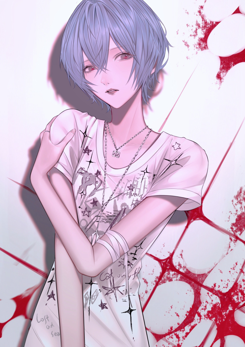 1girl absurdres ayanami_rei bandaged_arm bandages blue_hair chain chain_necklace eva_00 hair_between_eyes highres holding_own_arm jewelry lance_of_longinus_(evangelion) looking_at_viewer mano_aaa necklace neon_genesis_evangelion parted_lips print_shirt red_eyes sachiel_(evangelion) shirt short_hair short_sleeves solo t-shirt white_shirt