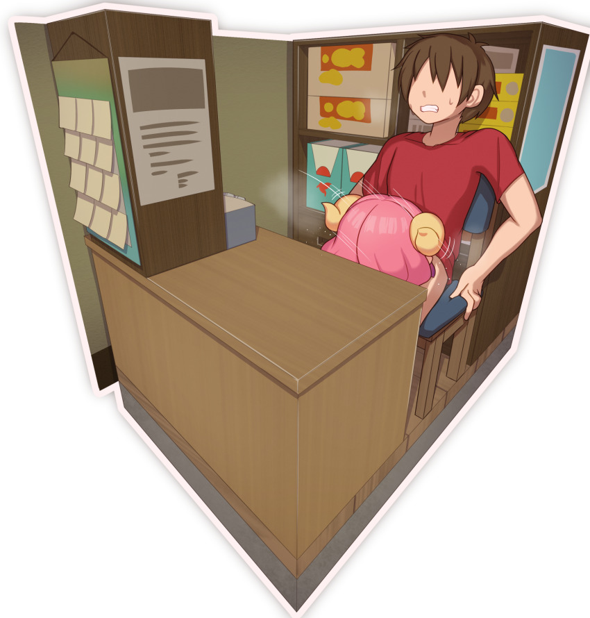 1boy 1girl aida_taketo bottomless breath chair clenched_teeth clothed_sex commentary counter dragon_girl dragon_horns faceless faceless_male fixed-point_camera hetero highres horns ilulu_(maidragon) implied_fellatio kobayashi-san_chi_no_maidragon kulettula motion_lines paid_reward_available pink_hair red_shirt shirt short_hair short_sleeves sitting sweatdrop t-shirt teeth yellow_horns