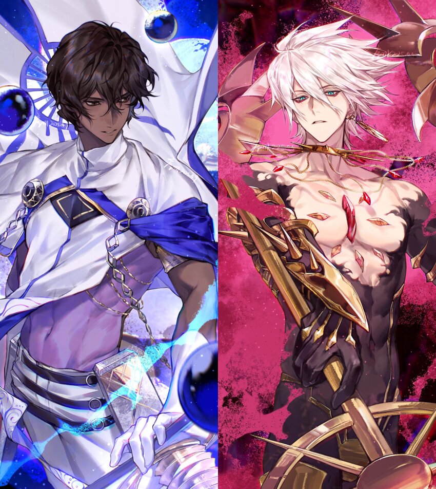 2boys absurdres arjuna_(fate) armlet armor belt black_eyes black_hair blue_eyes brothers cape chest_jewel collar covered_navel cowboy_shot dark-skinned_male dark_skin earrings eyeshadow eyeshadow_under_eye fate/grand_order fate_(series) fur_cape gloves hair_between_eyes highres holding holding_polearm holding_weapon indian_clothes jewelry karna_(fate) looking_at_viewer looking_to_the_side makeup male_focus multiple_boys pectorals polearm red_eyeshadow short_hair siblings spiked_collar spikes toned toned_male weapon white_gloves white_hair xuchuan