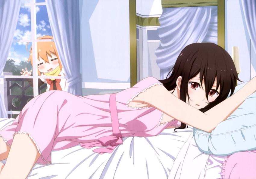 10s 2girls :o =_= absurdres against_glass bare_shoulders black_hair blush brown_eyes brown_hair curtains cushion drooling glass highres ichinomiya_eruna indoors lying mikagura_gakuen_kumikyoku mikagura_seisa mirror multiple_girls nightgown official_art on_stomach open_mouth parted_lips peeking pointing scarf sleeveless stalker window yuri