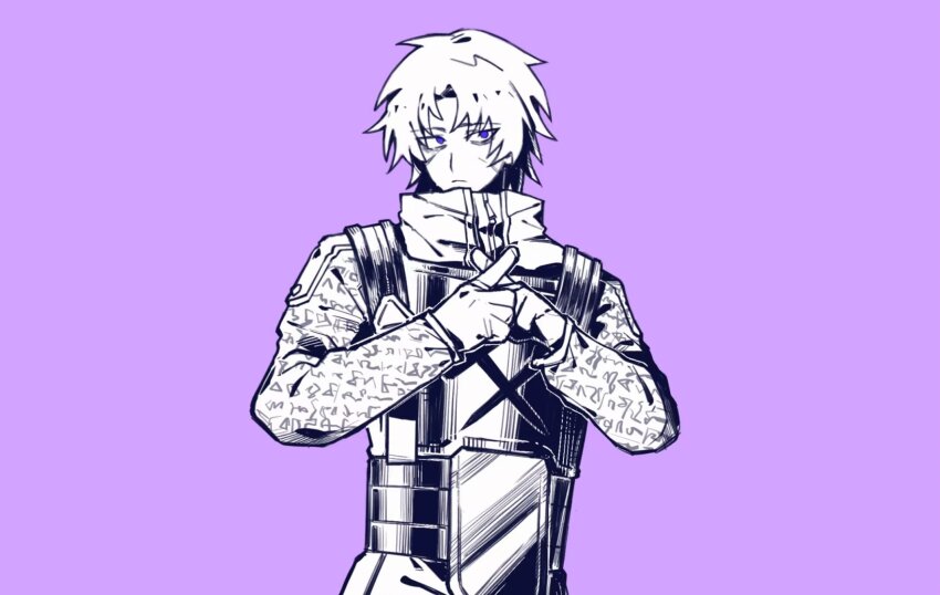 1boy armor bags_under_eyes closed_mouth crossed_fingers gloves heathcliff_(project_moon) highres jacket kageyamakira limbus_company long_sleeves looking_at_viewer monochrome n_corp._fanatic_(identity)_(project_moon) project_moon purple_theme scar scar_on_face simple_background solo venom_(vocaloid)