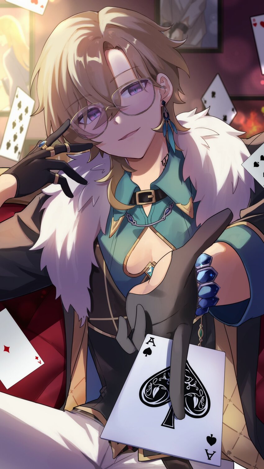 1boy ace_(playing_card) ace_of_spades aventurine_(honkai:_star_rail) black_gloves black_jacket blonde_hair blue_shirt bracelet card clothing_cutout commentary_request earrings floating_card fur-trimmed_jacket fur_trim gloves hair_between_eyes heart_cutout highres holding honkai:_star_rail honkai_(series) jacket jewelry looking_at_viewer male_focus neck_tattoo open_clothes pants parted_lips playing_card purple_eyes ring shirase_(shirose) shirt single_earring sitting solo spade_(shape) sunglasses tattoo white_pants