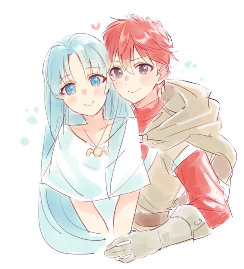 1boy 1girl adol_christin ancient_ys_vanished blue_eyes blue_hair blush closed_mouth cropped_torso dress feena_(ys) george_man gloves grey_eyes hair_between_eyes heart highres jewelry leather leather_gloves long_hair looking_at_viewer necklace parted_bangs red_hair short_hair short_sleeves simple_background smile very_long_hair white_background white_dress ys
