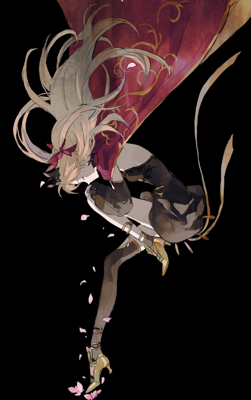1girl absurdres black_thighhighs black_tiara blonde_hair cape closed_eyes ereshkigal_(fate) fate/grand_order fate_(series) flower highres long_hair mimulishizi petals pink_flower pink_petals red_cape single_thighhigh solo space_ereshkigal_(fate) thighhighs tiara twintails