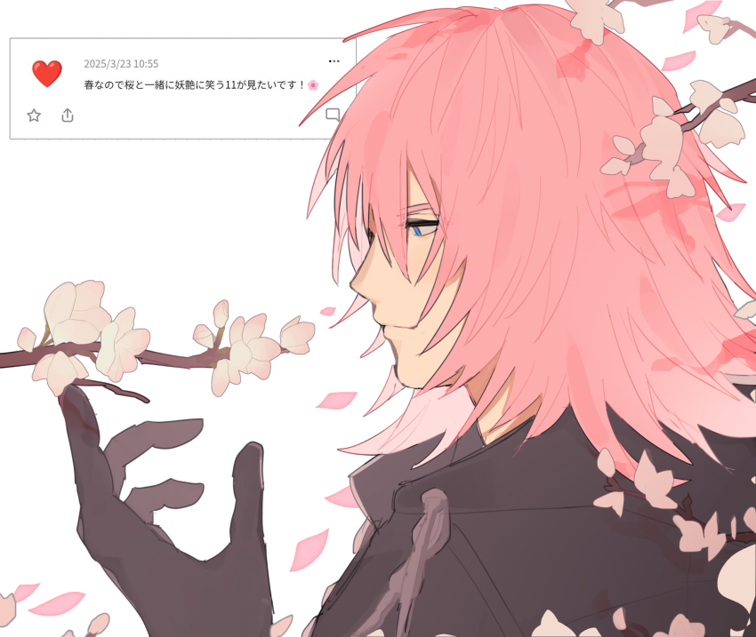 1boy bishounen black_coat black_coat_(kingdom_hearts) black_gloves blue_eyes cherry_blossoms coat commentary_request entotukumo falling_petals gloves hand_up highres hood hood_down hooded_coat kingdom_hearts kingdom_hearts:_chain_of_memories light_smile long_hair looking_down male_focus marluxia petals pink_hair pink_petals solo translation_request upper_body white_background wind