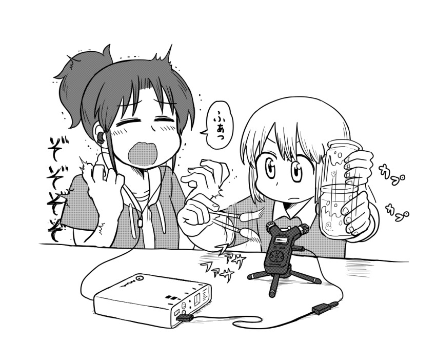 2girls asmr ayumu_niikura binaural_microphone city_(arawi_keiichi) closed_eyes closed_mouth earbuds earphones greyscale looking_away microphone monochrome multiple_girls nagumo_midori open_mouth ponytail readybug short_hair short_ponytail speech_bubble translation_request