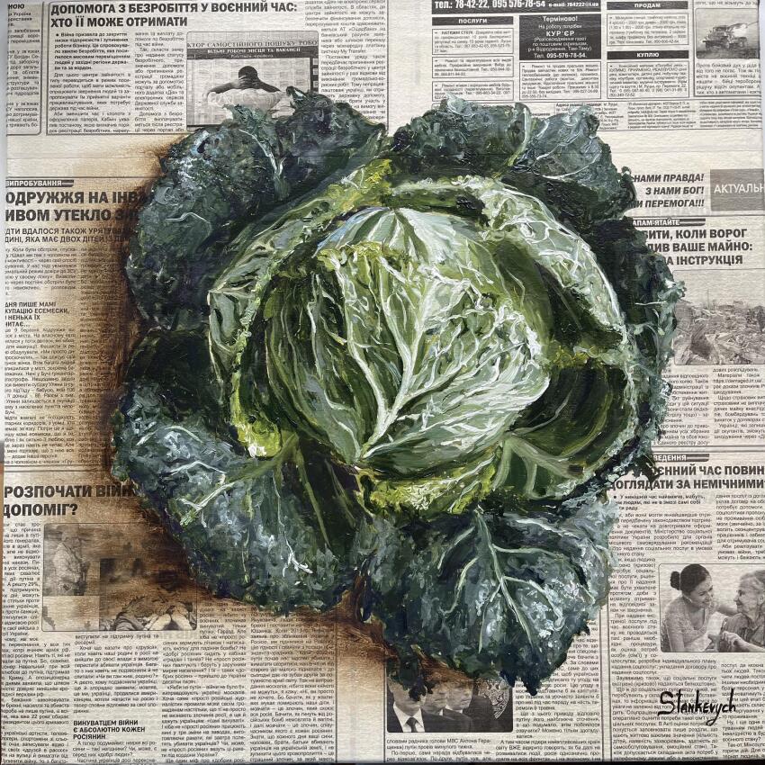 absurdres cabbage food food_focus highres julia_stankevych newspaper no_humans oil_painting_(medium) original painting_(medium) photo_(medium) realistic signature still_life traditional_media vegetable wall_of_text