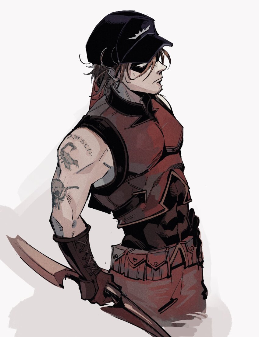 abs archery arm_tattoo baseball_cap bodysuit bow_(weapon) dc_comics domino_mask gloves hat highres hokkemaruyaki holding holding_bow_(weapon) holding_weapon male_focus mask muscular muscular_male orange_hair red_bodysuit roy_harper short_hair shoulder_tattoo superhero_costume tattoo two-tone_bodysuit weapon
