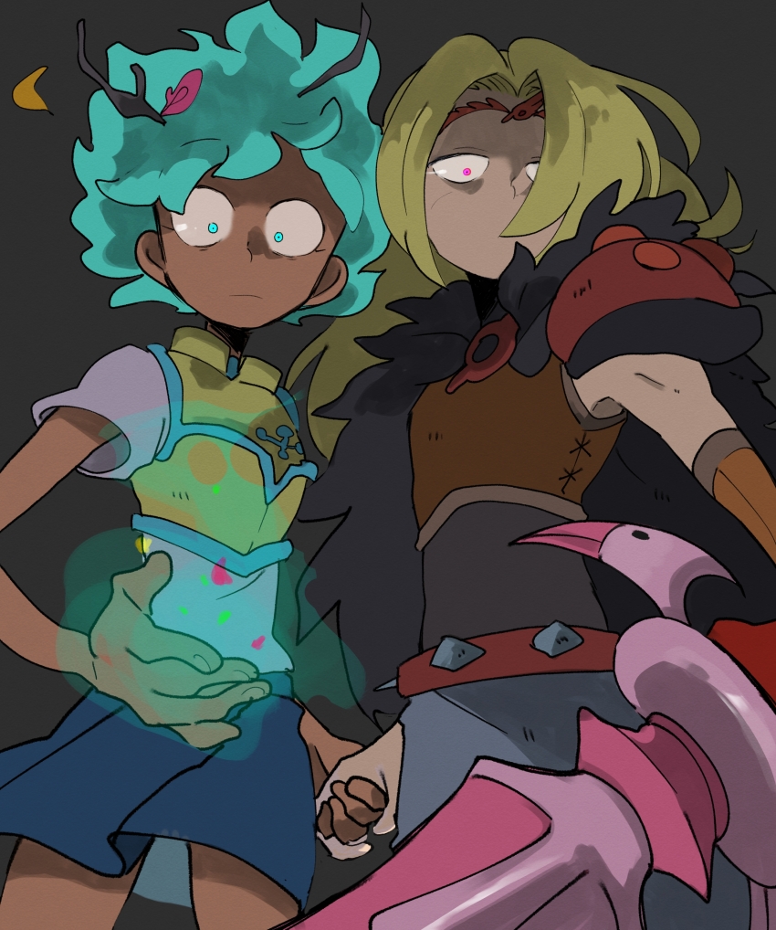 2girls absurdres amphibia anne_boonchuy anne_boonchuy_(calamity_form) armor blonde_hair blue_eyes blue_hair blue_skirt breastplate cape constricted_pupils dark-skinned_female dark_skin expressionless floating_hair fur_cape heron_sword highres holding_hands long_hair looking_at_viewer multiple_girls parted_bangs pink_eyes pleated_skirt resistance_costume_(amphibia) samui522 sasha_waybright short_hair shoulder_armor skirt spiked_belt