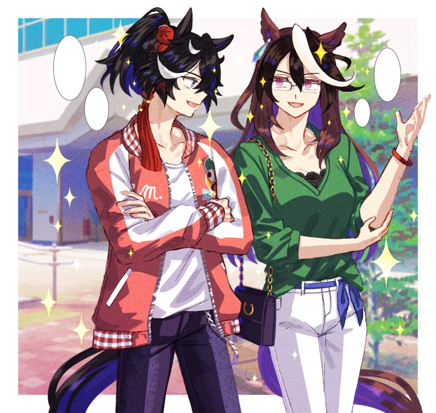 2girls animal_ears belt bespectacled blue_eyes border bracelet brown_hair chain commentary_request cowboy_shot crossed_arms day denim earrings glasses green_shirt hair_between_eyes hair_ornament highres horse_ears horse_girl horse_tail jacket jagaimobeniko jeans jewelry katsuragi_ace_(umamusume) multicolored_hair multiple_girls official_alternate_costume open_clothes open_jacket outdoors outside_border pants ponytail purple_eyes red_jacket shirt single_earring sparkle streaked_hair symboli_rudolf_(umamusume) tail tassel tassel_hair_ornament umamusume white_border white_hair white_pants white_shirt