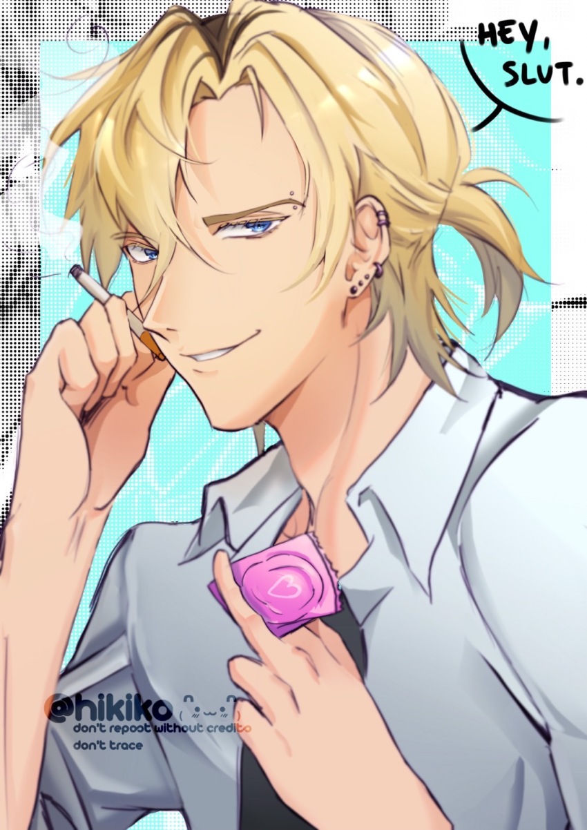 1boy artist_name black_necktie blonde_hair blue_eyes cigarette collared_shirt condom condom_wrapper degrees_of_lewdity earrings english_text eyebrow_piercing highres hikikoooooooo holding holding_cigarette jewelry necktie piercing shirt solo speech_bubble upper_body watermark white_shirt whitney_(degrees_of_lewdity) whitney_(male)_(degrees_of_lewdity)