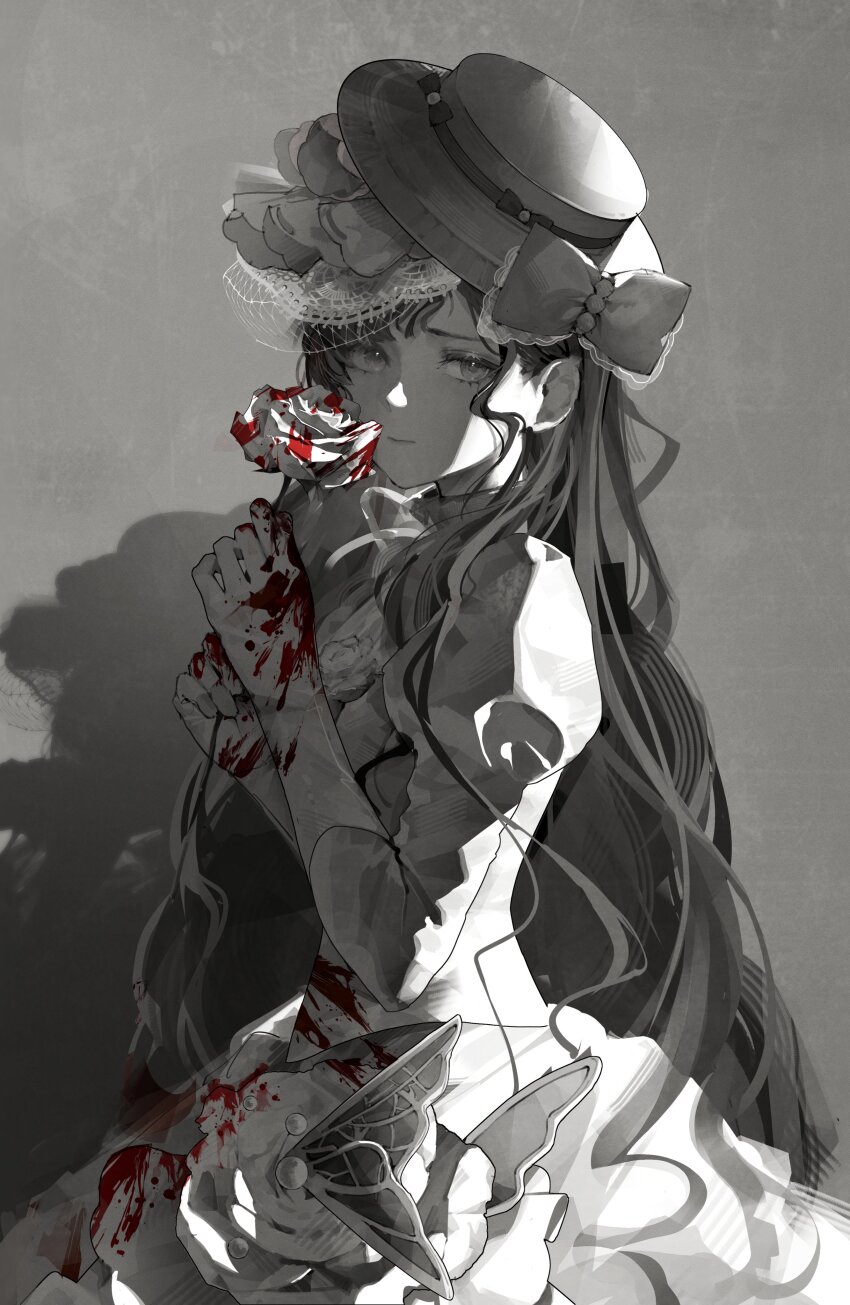 1girl absurdres blood blood_on_clothes blood_on_flower blood_on_gloves blood_on_hands bow closed_mouth dress flower from_side gloves gown greyscale hat hat_bow highres holding holding_flower isolde_(reverse:1999) juliet_sleeves long_hair long_sleeves looking_at_viewer miso_0823 monochrome puffy_sleeves reverse:1999 rose shadow sidelighting solo spot_color tilted_headwear upper_body veil very_long_hair