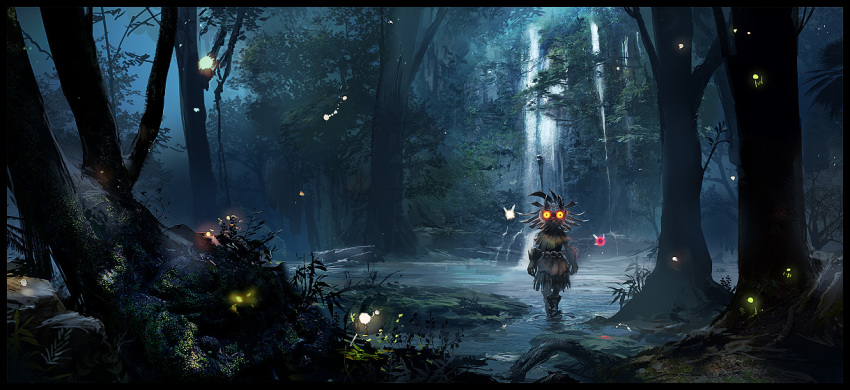 1boy border fireflies forest glowing glowing_eyes nature nintendo rounin_(amuza) skull_kid tael tatl the_legend_of_zelda the_legend_of_zelda:_majora&#039;s_mask tree wading water waterfall wetland