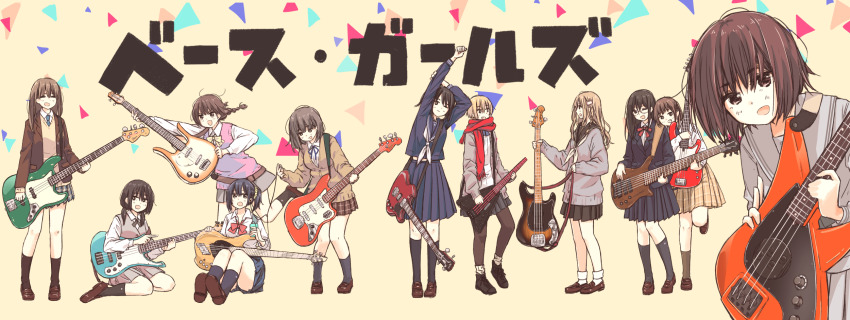 5-string_bass_guitar 6+girls 6-string_bass_guitar :d :o ;) ;d ^_^ ankle_boots bag bare_legs bass_guitar black_boots black_eyes black_hair black_jacket black_skirt black_socks blonde_hair blue_necktie blue_ribbon blue_serafuku blue_skirt bob_cut boots bow bowtie braid breasts brown_eyes brown_jacket brown_pants brown_sailor_collar brown_shoes brown_skirt cable cardigan check_commentary closed_eyes collared_shirt commentary_request contrapposto danelectro dingwall_combustion esp_guitars extended_range_bass_guitar fender_jazz_bass full_body gibson_sg_(bass) glasses grey_hair grey_ribbon grey_serafuku grey_skirt grey_socks grey_sweater grey_sweater_vest grey_vest guitar_strap hair_ornament hands_up headless_instrument highres instrument instrument_request jacket kneehighs knees_up lace-up_boots leaning_forward leaning_on_person leggings loafers long_hair long_sidelocks long_sleeves low_twintails matsuda_hikari medium_breasts medium_hair medium_skirt midriff_peek miniskirt multiple_girls music_man_stingray neck_ribbon neckerchief necktie one_eye_closed open_clothes open_mouth original pants pants_under_skirt plaid_clothes plaid_skirt pleated_skirt pointing pointing_at_another ponytail profile red_bow red_bowtie red_scarf ribbon sailor_collar scarf school_bag school_uniform serafuku shirt shoes short_hair sidelocks sitting skirt small_breasts smile socks solo standing standing_on_one_leg stretching suit_jacket sweater sweater_vest twintails v vest wariza white_neckerchief white_shirt white_socks yamaha_sbv yellow_bow yellow_bowtie yellow_cardigan yellow_skirt yellow_sweater
