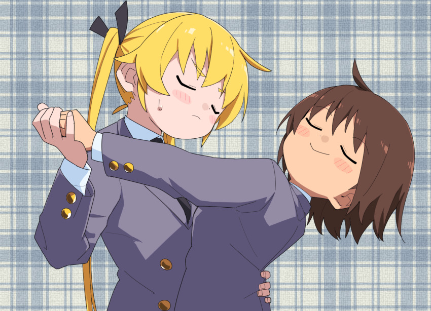 2girls black_necktie black_ribbon blonde_hair blush brown_hair buttoned_cuffs buttons closed_eyes closed_mouth collared_shirt dancing grey_jacket hair_ribbon hand_on_another&#039;s_waist highres holding_hands jacket kill_me_baby leaning_back long_hair long_sleeves multiple_girls necktie oribe_yasuna plaid_background ribbon shirt short_hair smile sonya_(kill_me_baby) sweat twintails upper_body white_shirt yachima_tana