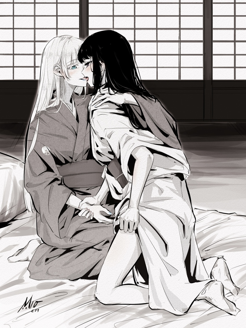 2girls absurdres aqua_lips aqua_nails black_hair blue_lips blush breasts couple eye_contact face-to-face french_kiss futon grabbing highres holding_hands hug igarashi_sayaka japanese_clothes kakegurui kimono kiss large_breasts lipstick long_hair looking_at_another m10cmdesu makeup momobami_kirari multiple_girls open_mouth saliva short_bangs simple_background smile tatami wife_and_wife yukata yuri