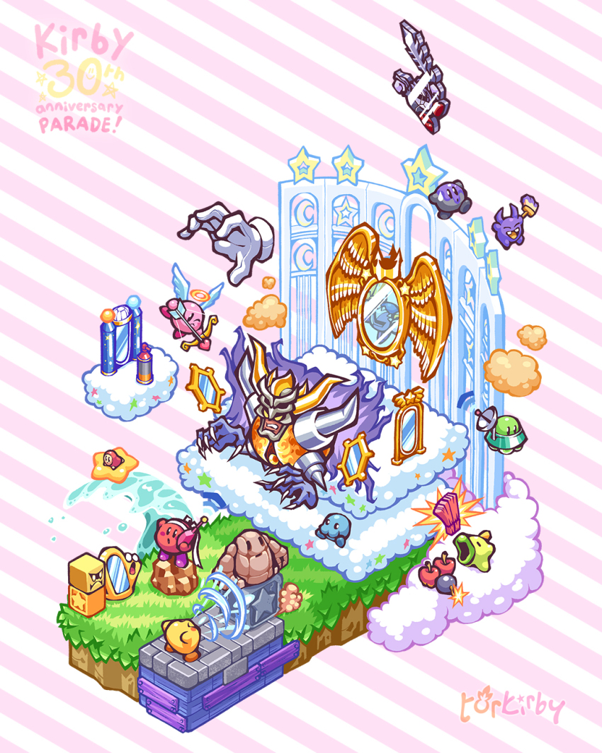 ! !! aiming angel_wings anniversary apple arrow_(projectile) blockin bomb bow_(weapon) cellphone character_name claws closed_eyes closed_mouth cloud copy_ability copyright_name crack crescent cupid_kirby dark_meta_knight dark_mind dimension_mirror disembodied_hand english_text explosive fighter_kirby floating flying food fruit golem golem_(kirby) grass halo headband highres holding holding_arrow holding_bow_(weapon) holding_paintbrush holding_phone holding_weapon horns inhaling kirby kirby_(series) kirby_and_the_amazing_mirror lit_fuse master_hand meta_knight minny mirra_(kirby) mirror nintendo o_o on_cloud on_rock open_mouth paint_on_body paintbrush phone prank_(kirby) radar_dish rayman_limbs reflective_surface roly-poly_(kirby) shadow_kirby smile snooter_(kirby) spray_paint standing standing_on_one_leg star_(symbol) star_block striped_background super_smash_bros. sweatdrop teeth torkirby two-tone_background ufo_kirby v-shaped_eyes warp_star water waves weapon white_headband wings