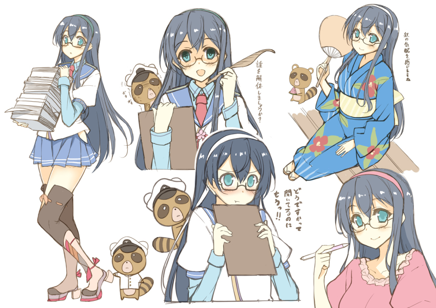 10s 1girl admiral_(kancolle) black_hair blue_eyes blush boots clipboard cosplay empty_eyes gekkan_shoujo_nozaki-kun glasses hairband hand_fan hip_vent japanese_clothes kantai_collection kawasumi_ayako kimono kusano_(torisukerabasu) long_hair miyako_yukari miyako_yukari_(cosplay) obi ooyodo_(kancolle) open_mouth pencil sash school_uniform skirt smile tanuki thighhighs translation_request voice_actor_connection white_background