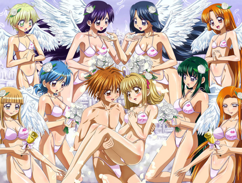 00s 1boy 6+girls angel ankoku_tiger bikini blush breasts caren_(mermaid_melody_pichi_pichi_pitch) cleavage coco_(mermaid_melody_pichi_pichi_pitch) crossdressing doumoto_kaito flower hippo_(mermaid_melody_pichi_pichi_pitch) houshou_hanon male_swimwear mermaid_melody_pichi_pichi_pitch multiple_girls nanami_lucia noel_(mermaid_melody_pichi_pichi_pitch) rose sara_(mermaid_melody_pichi_pichi_pitch) seira_(mermaid_melody_pichi_pichi_pitch) smile swimsuit thong touin_rina trap white_male_swimwear wings
