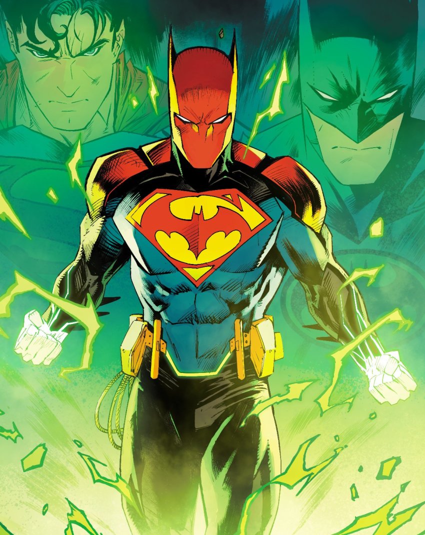 3boys batman batman_(series) black_bodysuit black_cape black_hair blue_bodysuit blue_eyes bodysuit cape clenched_hands commentary dan_mora dc_comics english_commentary fusion glowing glowing_hand highres male_focus mask multicolored_bodysuit multiple_boys official_art superhero_costume superman superman_(series) v-shaped_eyebrows western_comics_(style)