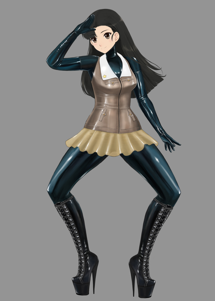asymmetrical_bangs bodysuit bodysuit_under_clothes boots brown_eyes brown_hair commentary_request girls_und_panzer high_heel_boots high_heels highres knee_boots komii lace-up_boots latex latex_bodysuit long_hair military military_uniform nishi_kinuyo platform_boots platform_footwear platform_heels salute solo