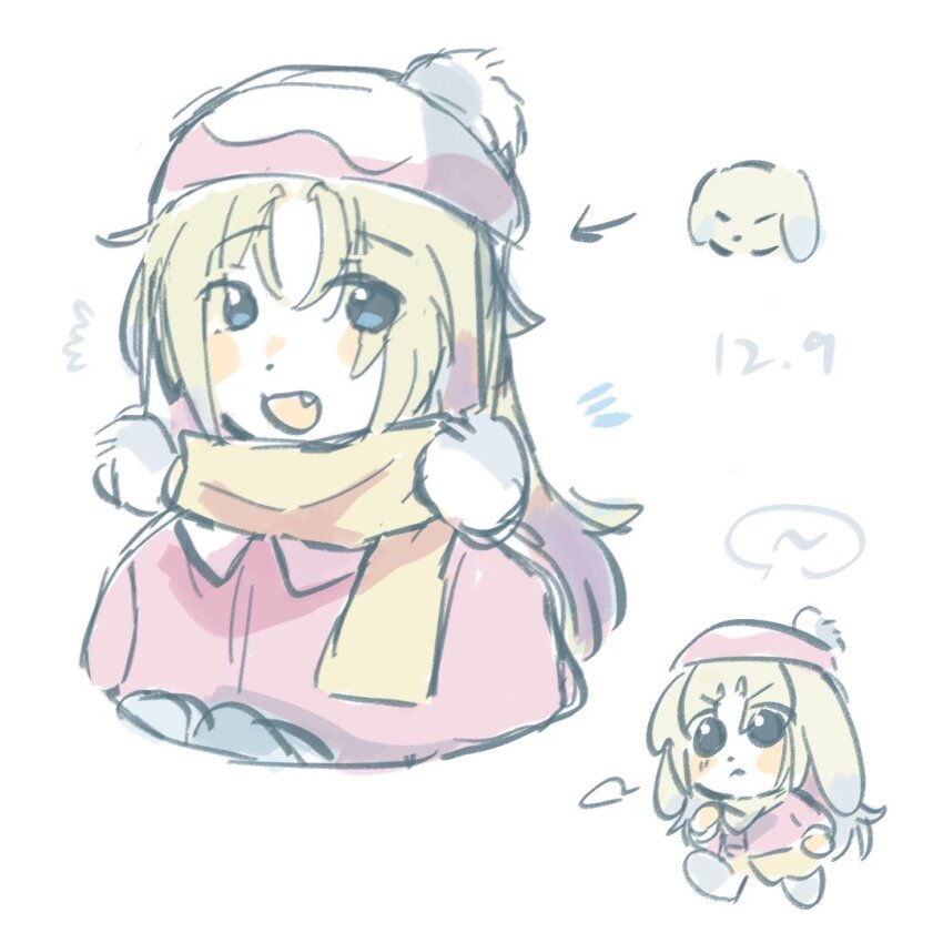 &gt;:( 1girl :d animalization beanie blonde_hair blue_eyes chibi closed_eyes cropped_torso dated dog earmuffs earmuffs_around_neck fang gradient_hair grey_hair hat jacket link!_like!_love_live! long_hair love_live! multicolored_hair multiple_views open_mouth osawa_rurino pink_jacket pom_pom_(clothes) pom_pom_beanie scarf smile speech_bubble v-shaped_eyebrows virtual_youtuber white_hat woodonly yellow_scarf