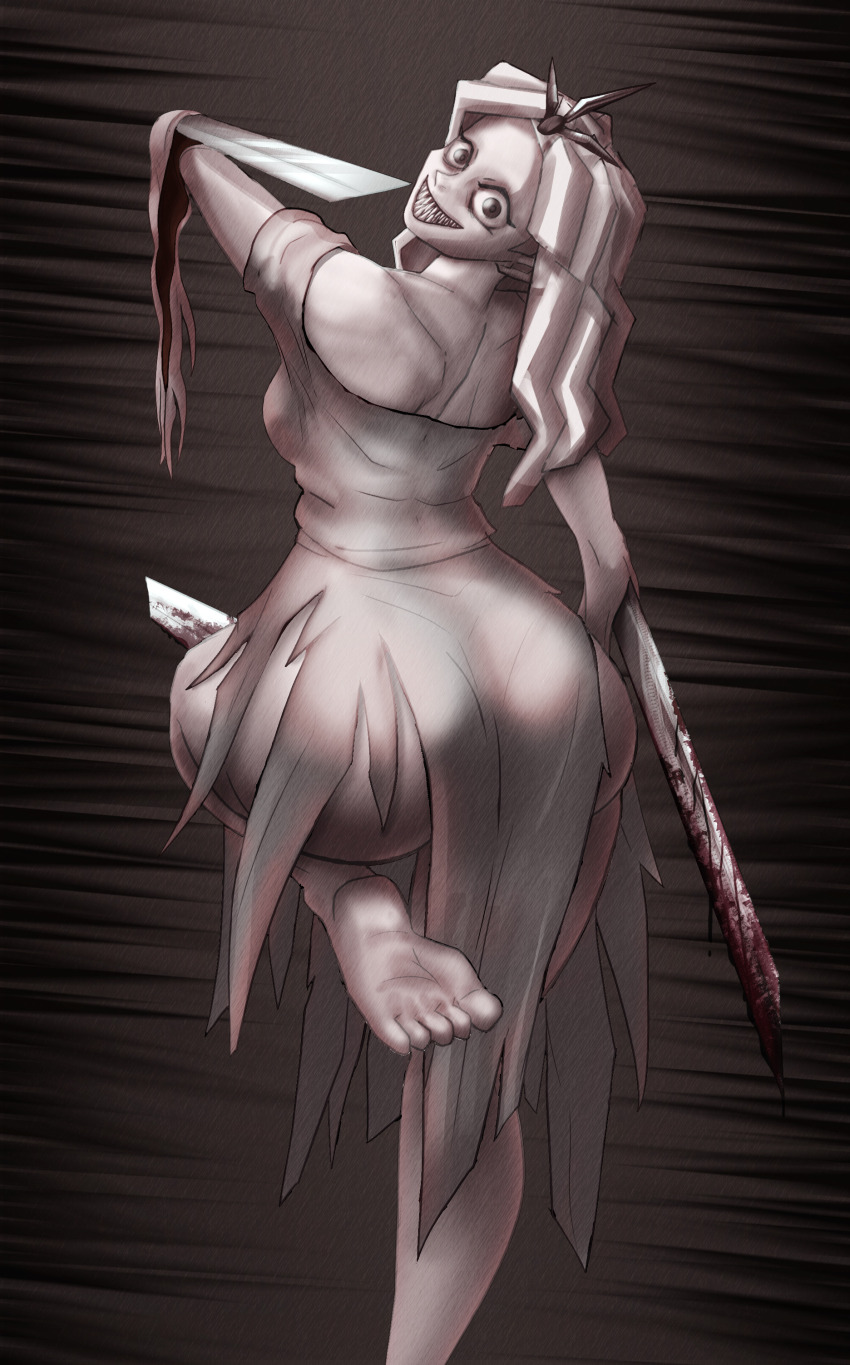 1girl absurdres ass bare_shoulders barefoot blade_arm blood bloody_weapon dress greyscale grin highres horror_(theme) long_hair looking_at_viewer looking_back monochrome princess_(slay_the_princess) sharp_teeth slay_the_princess smile solo standing standing_on_one_leg teeth the_razor_(slay_the_princess) weapon