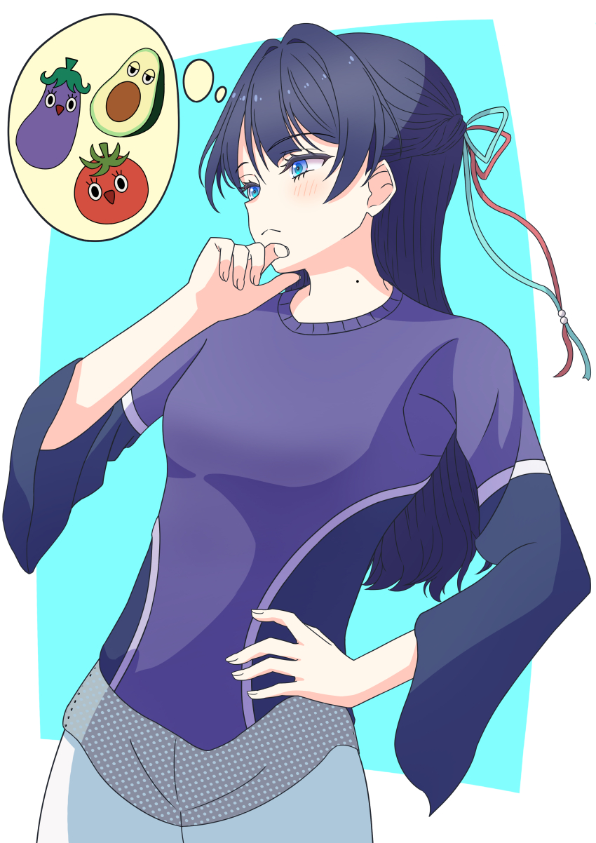 1girl :d absurdres avocado avocado_slice blue_background border closed_mouth commentary_request cowboy_shot eggplant frown half-closed_eyes hand_on_own_chin hand_on_own_hip highres kara_iroha link!_like!_love_live! long_sleeves love_live! murano_sayaka murano_sayaka_(winter_training_wear) open_mouth outside_border shorts simple_background smile solo speech_bubble spoken_food thinking thought_bubble tomato virtual_youtuber white_border white_shorts