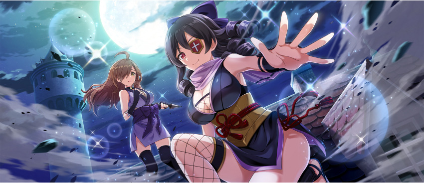 2girls ahoge armor armpit_crease arue_(konosuba) black_gloves black_kimono black_thighhighs breasts brown_eyes brown_hair cleavage cloud cloudy_sky drill_hair drill_sidelocks elbow_gloves eyepatch fingerless_gloves fishnet_thighhighs fishnet_top fishnets floating_hair from_below full_moon game_cg gloves hair_between_eyes hair_over_one_eye highres holding_kunai holding_weapon japanese_armor japanese_clothes kimono kono_subarashii_sekai_ni_shukufuku_wo! konosuba!_fantastic_days kote kunai kurokote large_breasts long_hair looking_at_viewer moon multiple_girls night night_sky ninja obi official_alternate_costume official_art on_one_knee on_roof outdoors outstretched_arm purple_kimono purple_scarf reaching reaching_towards_viewer red_eyes sash scarf shade short_kimono side_slit sidelocks sky sleeveless sleeveless_kimono smile sparkle standing thighhighs thighs tile_roof wavy_hair weapon wiz_(konosuba) zettai_ryouiki