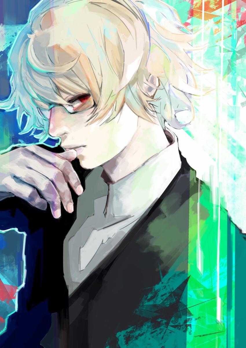 1boy absurdres black_jacket blonde_hair blue_background brown_hair closed_mouth collared_shirt glasses green_background green_jacket grey_shirt hand_up highres jacket kyuuba_melo multicolored_hair nishio_nishiki outline red_eyes shirt solo tokyo_ghoul two-tone_hair white_outline