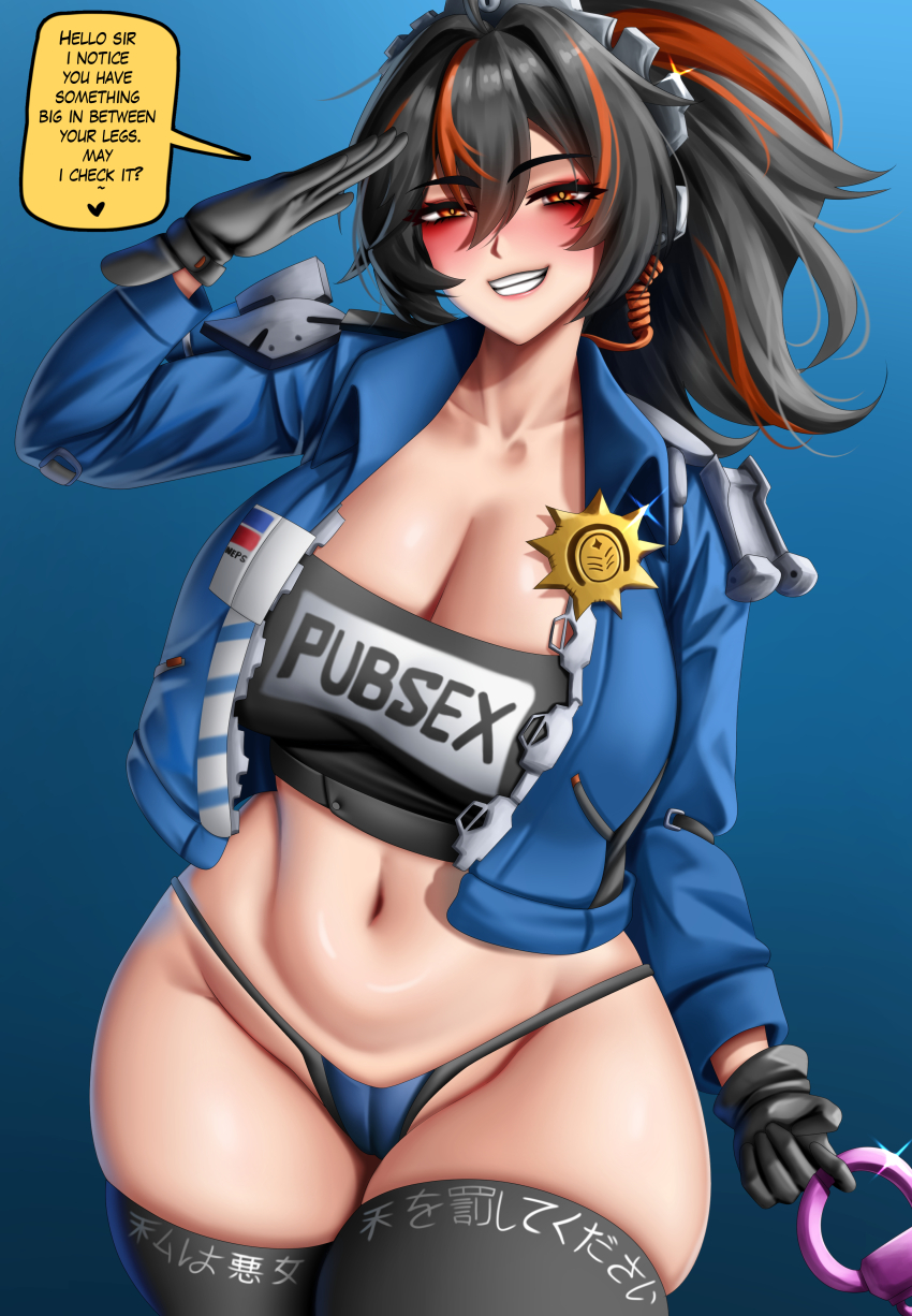 1girl absurdres black_gloves black_hair black_thighhighs black_vest blue_background blue_jacket blue_panties breasts cleavage clothes_writing collarbone commentary cowboy_shot cuffs earpiece english_commentary english_text engrish_commentary gloves grin groin hair_between_eyes handcuff_dangle handcuffs highleg highleg_panties highres jacket large_breasts long_hair looking_at_viewer multicolored_hair navel open_clothes open_jacket orange_eyes panties police police_badge police_uniform policewoman ponytail red_hair salute sidelocks simple_background skindentation smile solo speech_bubble standing stomach streaked_hair susumutakada teeth thighhighs translation_request two-tone_hair underwear vest zenless_zone_zero zhu_yuan