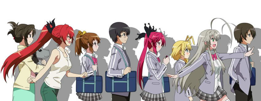 3boys 5girls ahoge antenna_hair bag black_hair blonde_hair blue_eyes bow braid brown_hair collarbone cthugha_(nyaruko-san) cuune_(nyaruko-san) closed_eyes g3pen green_eyes grey_eyes hair_ornament haiyore!_nyaruko-san hastur_(nyaruko-san) highres kurei_tamao long_hair long_sleeves multiple_boys multiple_girls necktie nyarlathotep_(nyaruko-san) open_mouth ponytail red_eyes red_hair school_uniform shantak_(nyaruko-san) short_hair silver_hair smile very_long_hair wings yasaka_mahiro yasaka_yoriko yoichi_takehiko