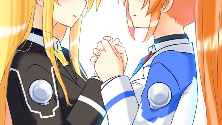 2girls blonde_hair couple eye_contact fate_testarossa happy holding_hands jacket kerorokjy long_hair looking_at_another lyrical_nanoha mahou_shoujo_lyrical_nanoha_strikers military_uniform multiple_girls orange_hair side_ponytail simple_background smile takamachi_nanoha tsab_air_military_uniform tsab_executive_military_uniform very_long_hair white_background yuri