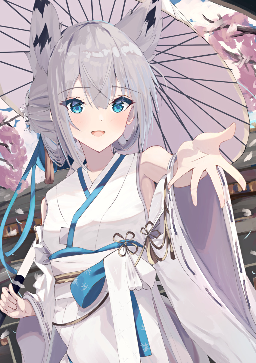 1girl :d animal_ear_fluff animal_ears azur_lane bare_shoulders blue_eyes blush cherry_blossoms colored_eyelashes commentary_request cowboy_shot day detached_sleeves dress fox_ears fox_girl hair_bun hair_ornament happy highres holding holding_umbrella japanese_clothes kanzashi kawakaze_(azur_lane) kawakaze_(unsullied_white_fox)_(azur_lane) kimono long_hair long_sleeves looking_at_viewer medium_hair natsuki_(natsu_1936) official_alternate_costume oil-paper_umbrella open_mouth outdoors outstretched_arm outstretched_hand reaching reaching_towards_viewer ribbon-trimmed_sleeves ribbon_trim single_hair_bun sleeveless sleeveless_kimono smile solo umbrella under_umbrella wedding_dress white_kimono wide_sleeves