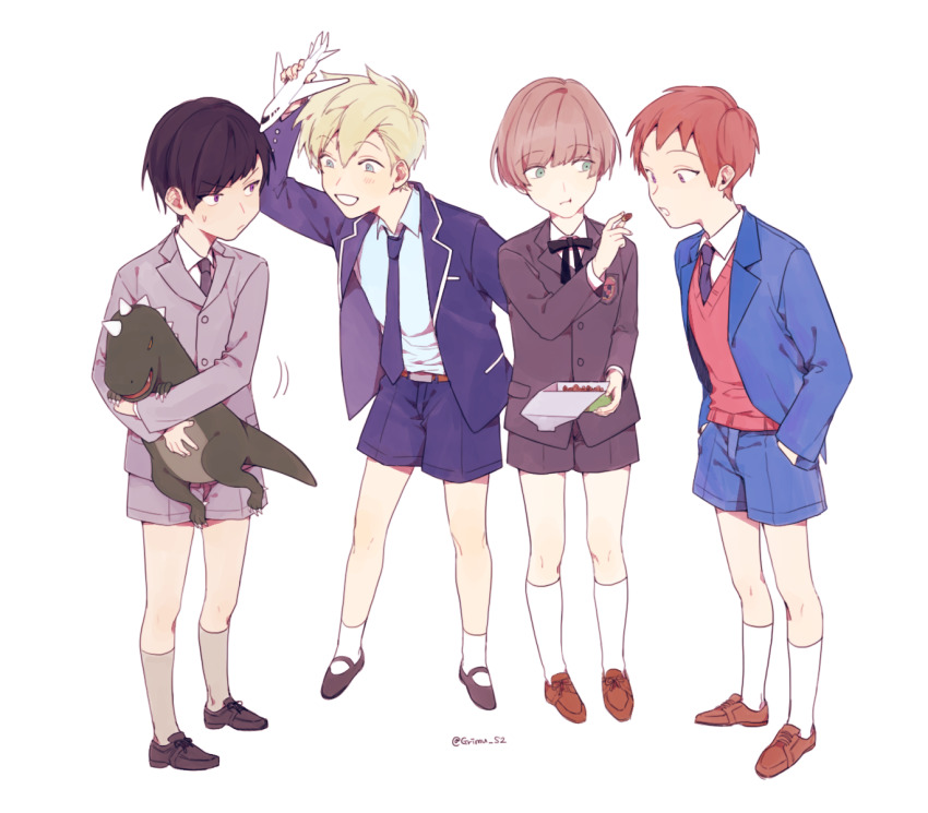 4boys :d :o aged_down aircraft airplane aqua_eyes arafune_tetsuji black_hair black_ribbon blazer blonde_hair blue_eyes blue_jacket blue_neckwear blue_shirt blue_shorts box brown_footwear child collared_shirt emblem eye_contact feeding food full_body grey_footwear grey_jacket grey_neckwear grey_shorts grimu hands_in_pockets highres holding holding_food holding_stuffed_toy inukai_sumiharu jacket kneehighs loafers long_sleeves looking_at_another motion_lines multiple_boys narasaka_touru neck_ribbon necktie open_clothes open_jacket open_mouth purple_eyes red_hair ribbon school_uniform shirt shoes shorts simple_background smile socks standing stuffed_animal stuffed_dinosaur stuffed_toy sweatdrop sweater toy tsuji_shinnosuke white_background white_legwear white_shirt world_trigger