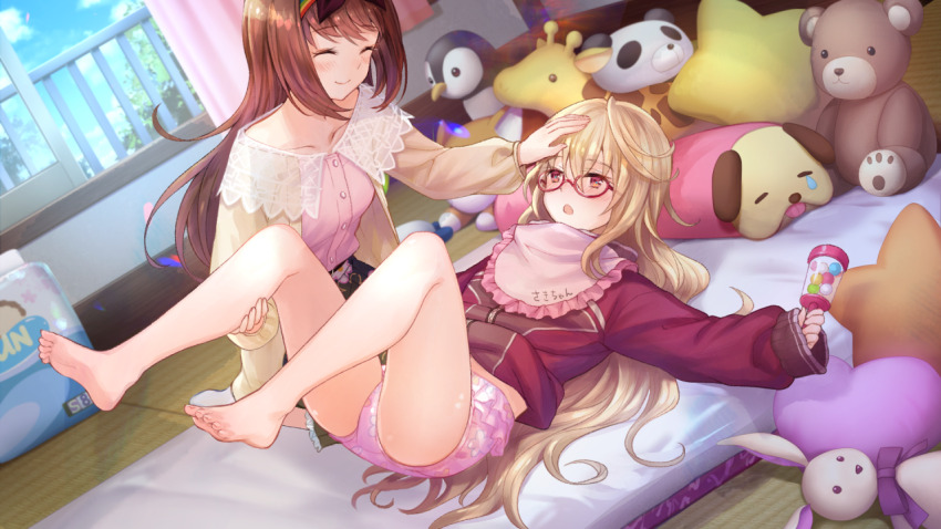 2girls ^_^ age_play barefoot bib blonde_hair bloomers blue_eyes blush breasts brown_hair cardigan closed_eyes clothes_lift collarbone day dutch_angle frilled_bib frills full_body game_cg glasses hand_on_another&#039;s_leg headpat holding holding_rattle jacket jacket_lift legs_up long_hair looking_at_another lying mugendo_saki multiple_girls no_shoes non-web_source nose_blush official_art on_back open_cardigan open_clothes open_mouth open_window orange_eyes otori_ai pink_bloomers rattle red_jacket semi-rimless_eyewear small_breasts socks soles spoilers stuffed_animal stuffed_dog stuffed_giraffe stuffed_panda stuffed_penguin stuffed_rabbit stuffed_toy teddy_bear toes track_jacket under-rim_eyewear underwear very_long_hair white_socks window yellow_cardigan yumeutsutsu_re:master